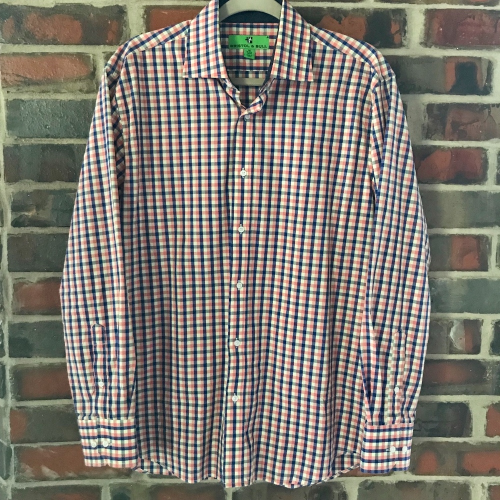 SOLD Navy, Coral & Cream Check/Plaid Dress Shirt